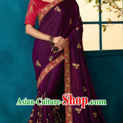 Traditional Indian Sari Embroidered Purple Silk Dress Asian India National Bollywood Costumes for Women