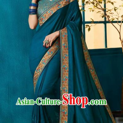Traditional Indian Sari Embroidered Navy Blue Silk Dress Asian India National Bollywood Costumes for Women
