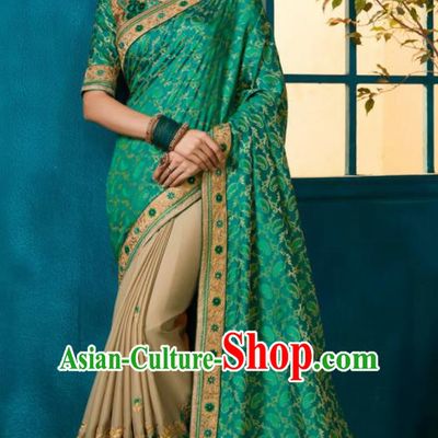 Traditional Indian Sari Embroidered Green and Khaki Silk Dress Asian India National Bollywood Costumes for Women
