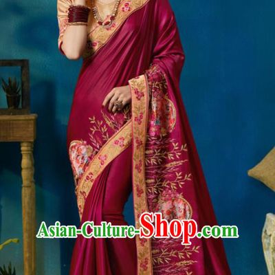 Traditional Indian Sari Embroidered Wine Red Silk Dress Asian India National Bollywood Costumes for Women