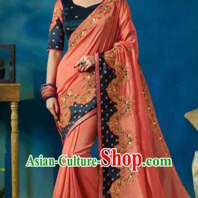 Traditional Indian Sari Embroidered Peachy Silk Dress Asian India National Bollywood Costumes for Women