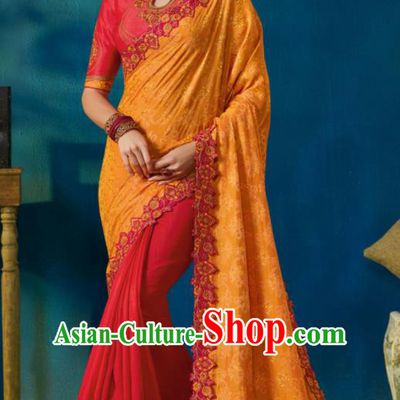 Traditional Indian Sari Embroidered Yellow and Rosy Silk Dress Asian India National Bollywood Costumes for Women