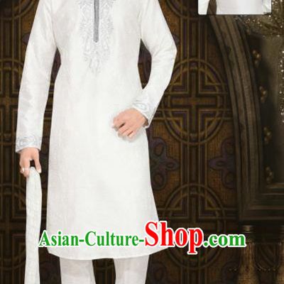 Asian Indian Sherwani Wedding Embroidered White Clothing India Traditional Bridegroom Costumes Complete Set for Men
