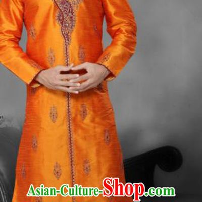 Asian Indian Sherwani Bridegroom Embroidered Orange Clothing India Traditional Wedding Costumes Complete Set for Men
