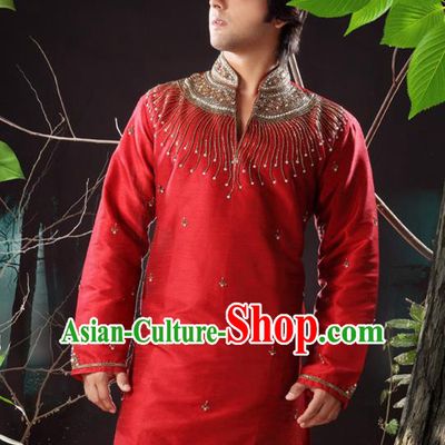 Asian Indian Sherwani Bridegroom Embroidered Red Clothing India Traditional Wedding Costumes Complete Set for Men