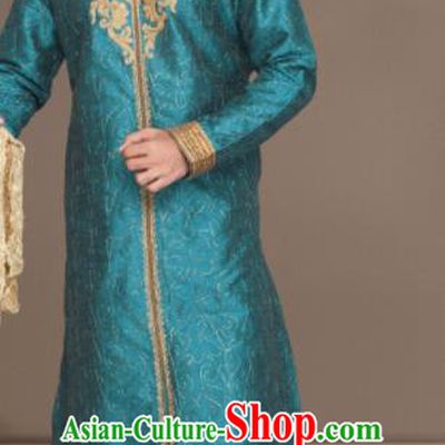 Asian Indian Sherwani Bridegroom Embroidered Blue Clothing India Traditional Wedding Costumes Complete Set for Men