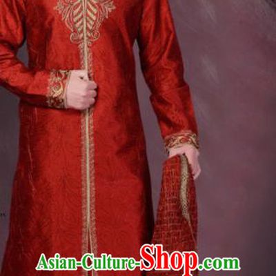 Asian Indian Wedding Sherwani Bridegroom Red Silk Clothing India Traditional Embroidered Costumes Complete Set for Men