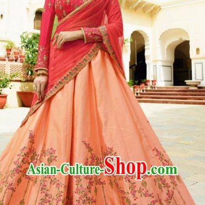 Traditional Indian Court Queen Embroidered Peachy Lehenga Dress Asian India National Bollywood Costumes for Women
