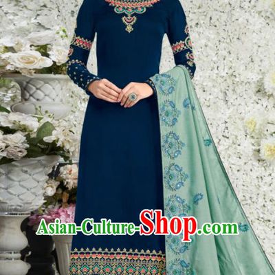 Traditional Indian Lehenga Embroidered Deep Blue Blouse and Pants Asian India Punjab National Costumes for Women
