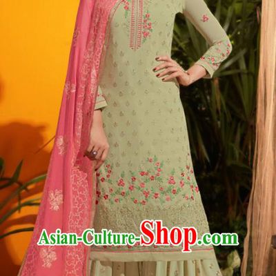 Traditional Indian Lehenga Embroidered Light Green Georgette Blouse and Pants Asian India Punjab National Costumes for Women