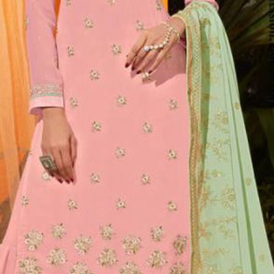 Traditional Indian Lehenga Embroidered Light Pink Georgette Blouse and Pants Asian India Punjab National Costumes for Women
