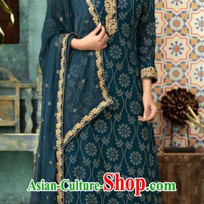 Traditional Indian Punjab Lehenga Embroidered Deep Blue Georgette Blouse and Pants Asian India National Costumes for Women