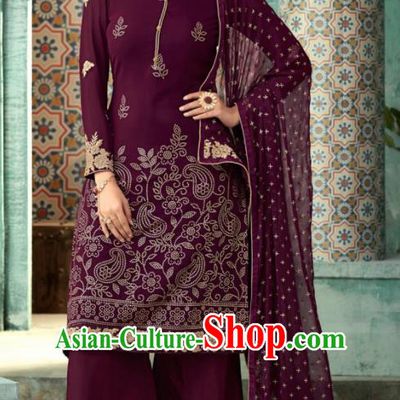 Traditional Indian Punjab Lehenga Embroidered Purple Georgette Blouse and Pants Asian India National Costumes for Women