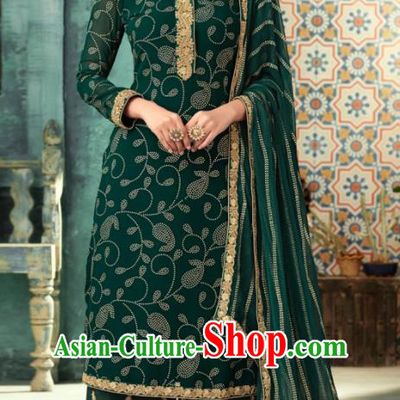 Traditional Indian Punjab Lehenga Embroidered Green Georgette Blouse and Pants Asian India National Costumes for Women
