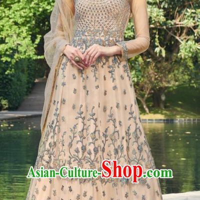 Traditional Indian Embroidered Apricot Anarkali Dress Asian India National Costumes for Women