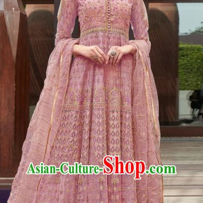 Traditional Indian Embroidered Pink Anarkali Dress Asian India National Costumes for Women