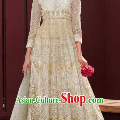 Traditional Indian Embroidered Beige Anarkali Dress Asian India National Costumes for Women