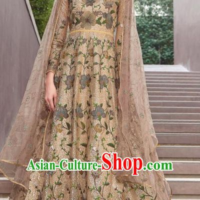 Traditional Indian Embroidered Golden Anarkali Dress Asian India National Costumes for Women