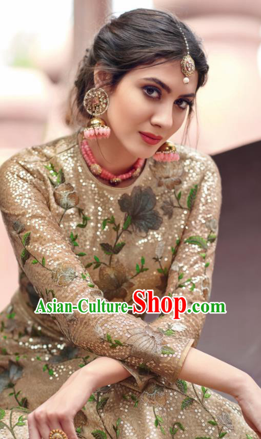Traditional Indian Embroidered Golden Anarkali Dress Asian India National Costumes for Women