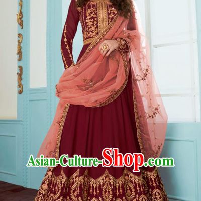 Traditional Indian Bollywood Embroidered Purplish Red Anarkali Dress Asian India National Costumes for Women