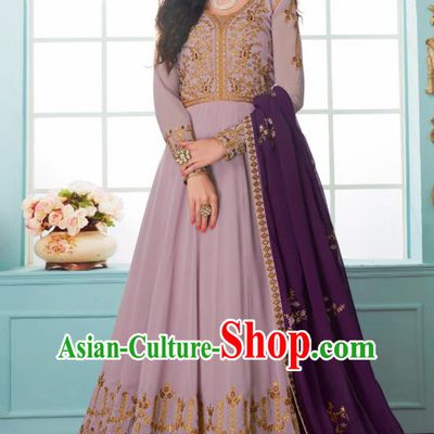 Traditional Indian Bollywood Embroidered Lilac Anarkali Dress Asian India National Costumes for Women