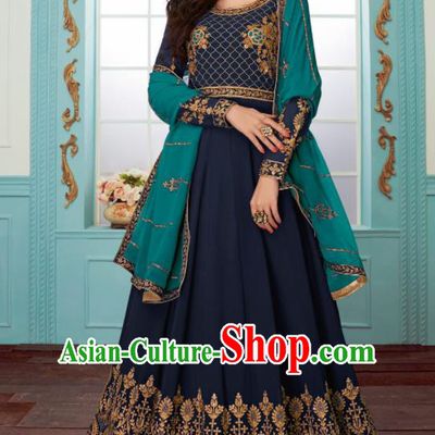 Traditional Indian Bollywood Embroidered Navy Anarkali Dress Asian India National Costumes for Women