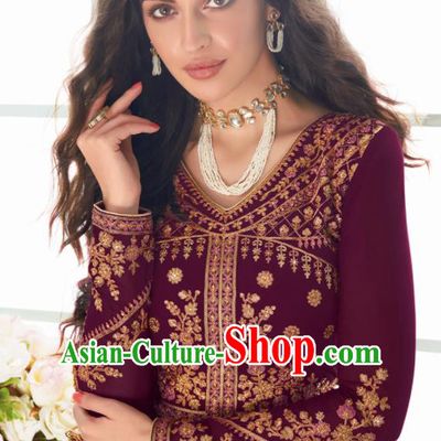 Traditional Indian Bollywood Embroidered Purple Anarkali Dress Asian India National Costumes for Women