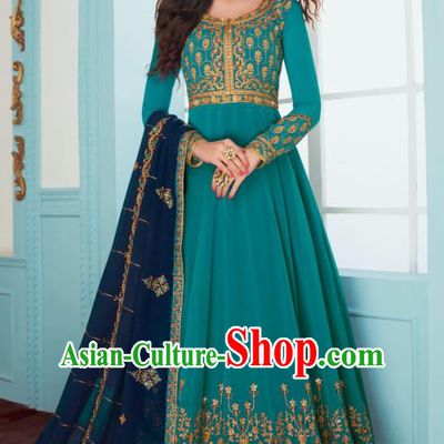 Traditional Indian Bollywood Embroidered Blue Anarkali Dress Asian India National Costumes for Women