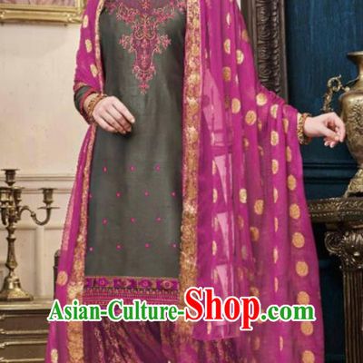 Traditional Indian Punjab Grey Satin Blouse and Purple Pants Asian India National Costumes for Women