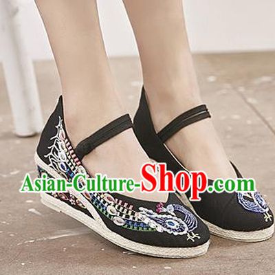 Chinese National Embroidered Phoenix Black High Heels Shoes Traditional Hanfu Shoes Opera Shoes Wedding Bride Shoes for Women