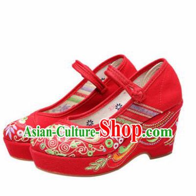 Chinese National Red Embroidered High Heels Shoes Traditional Hanfu Shoes Opera Shoes Wedding Bride Shoes for Women