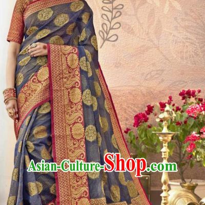 Traditional Indian Blue Sari Dress Asian India National Bollywood Costumes for Women