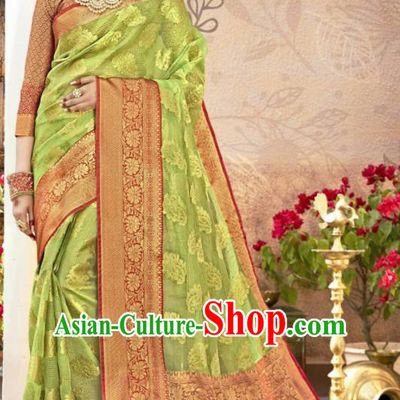 Traditional Indian Green Sari Dress Asian India National Bollywood Costumes for Women