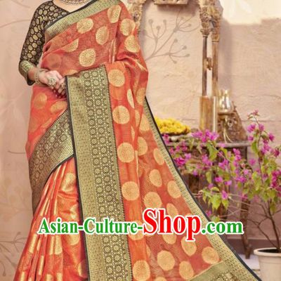 Traditional Indian Orange Sari Dress Asian India National Bollywood Costumes for Women