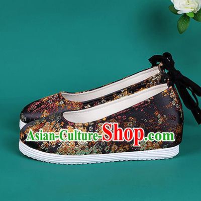 Chinese National Black Brocade Round Toe Shoes Traditional Hanfu Shoes Princess Shoes Opera Shoes for Women