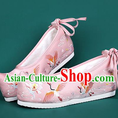 Chinese National Winter Embroidered Crane Pink Brushed Shoes Traditional Hanfu Shoes Princess Shoes Opera Shoes for Women