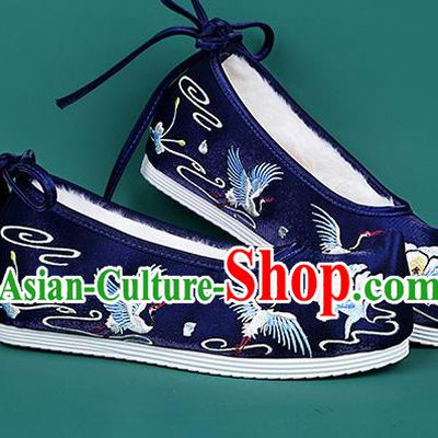 Chinese National Winter Embroidered Crane Royalblue Brushed Shoes Traditional Hanfu Shoes Princess Shoes Opera Shoes for Women