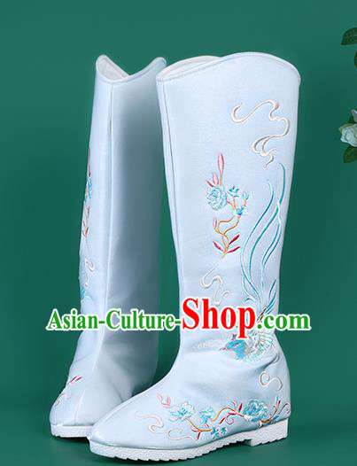 Chinese Traditional Embroidered Blue High Boots Hanfu Shoes Embroidered Boots for Women Chinese Traditional Embroidered Blue High Boots Hanfu Shoes Embroidered Boots for Women
