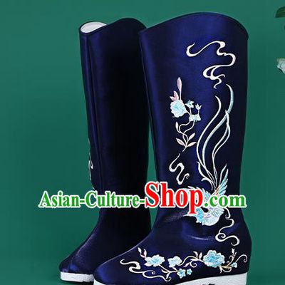 Chinese Traditional Embroidered Royalblue High Boots Hanfu Shoes Embroidered Boots for Women