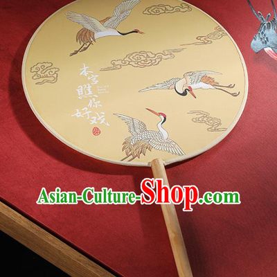 Chinese Traditional Printing Cranes Yellow Round Fans Hanfu Silk Palace Fan for Women