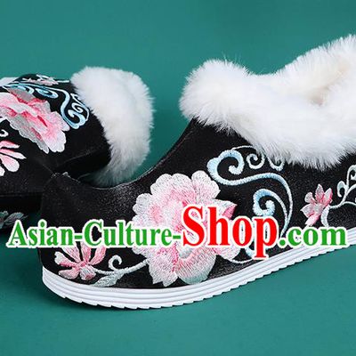 Chinese Traditional Winter Black Ankle Boots Hanfu Shoes Embroidered Boots for Women