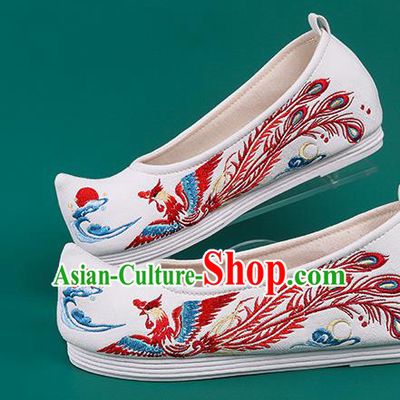 Chinese Traditional Embroidered Phoenix White Shoes Hanfu Shoes Princess Shoes for Women