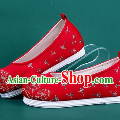 Chinese Traditional Embroidered Dandelion Red Shoes Hanfu Shoes Princess Shoes for Women