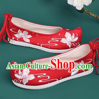 Chinese Traditional Embroidered Lotus Red Shoes Hanfu Shoes Princess Shoes for Women