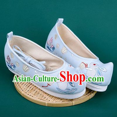 Chinese Traditional Embroidered Lantern Rabbit Blue Shoes Hanfu Shoes Princess Shoes for Women
