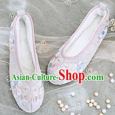 Traditional Chinese National Winter Shoes Pink Embroidered Shoes Hanfu Shoes for Women