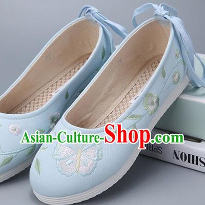 Traditional Chinese National Embroidery Butterfly Blue Shoes Embroidered Shoes Hanfu Shoes for Women