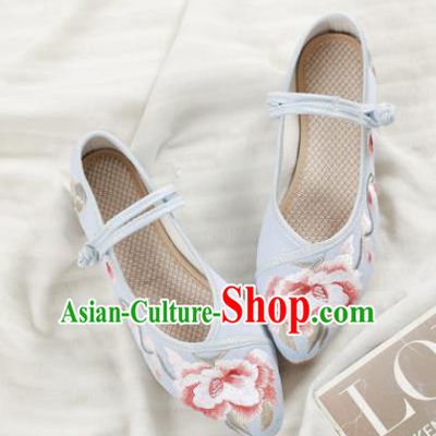 Traditional Chinese National Embroidery Peony Light Blue Shoes Embroidered Shoes Hanfu Shoes for Women