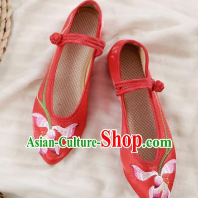 Traditional Chinese National Embroidery Lotus Red Shoes Embroidered Shoes Hanfu Shoes for Women