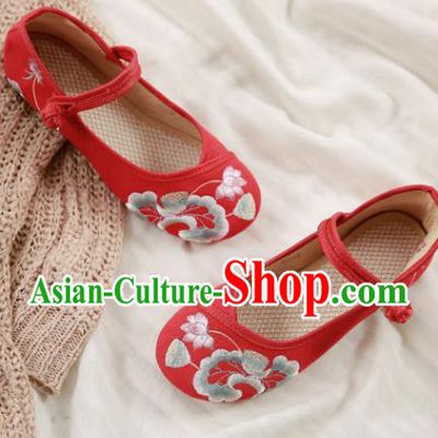 Traditional Chinese Embroidery Lotus Red Shoes National Embroidered Shoes Hanfu Shoes for Women